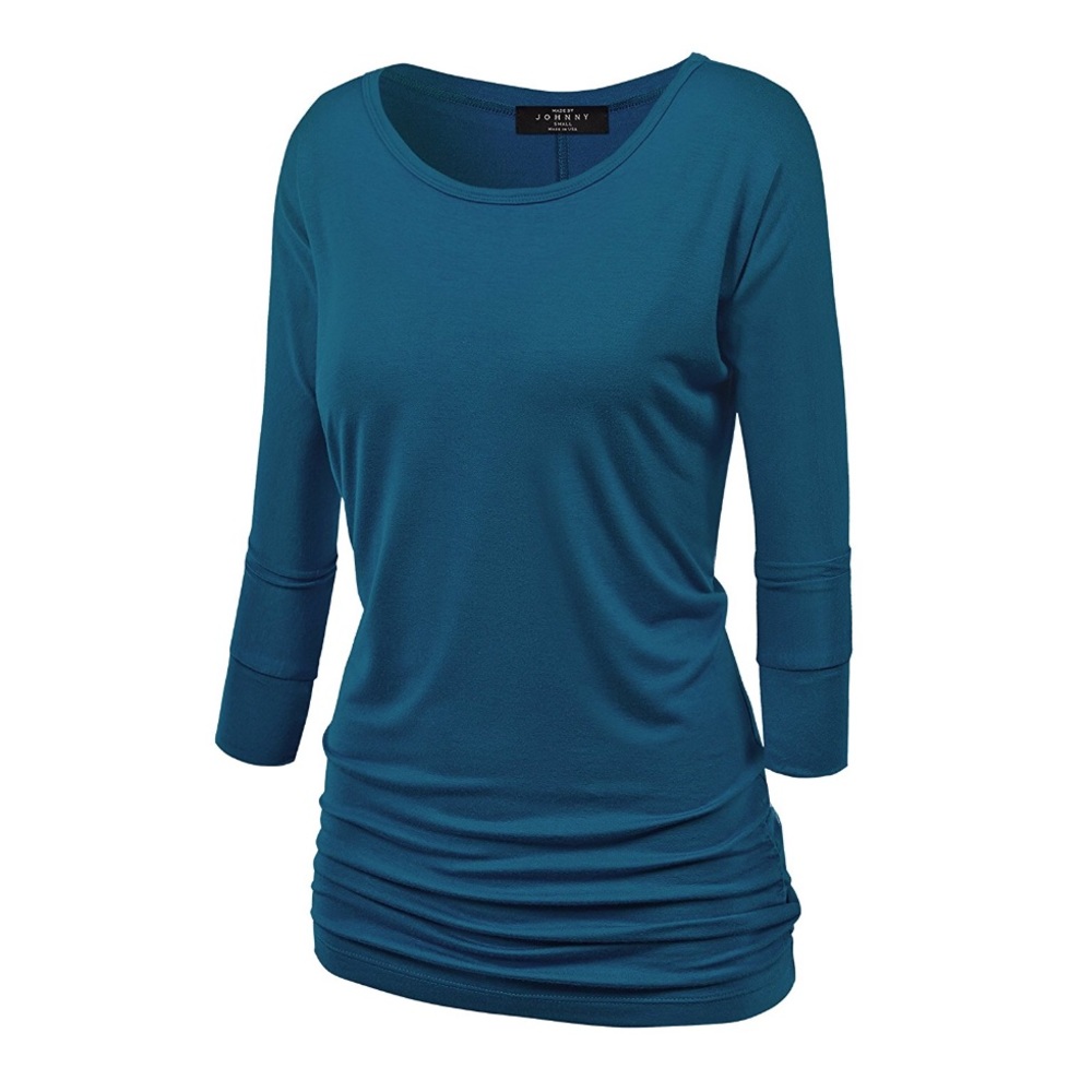 Teal 3/4 Sleeve Jersey Knit Shirred Top S-5X